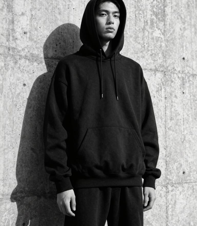 Low-angle street shot of a model in a stark black oversized hoodie standing against a brutalist concrete wall, harsh direct sunlight casting deep shadows, stark monochrome, 35mm film grain.
