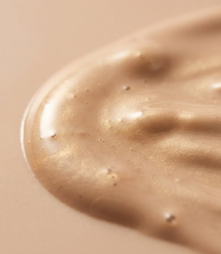 Macro shot of pristine liquid foundation texture with soft golden highlights, premium beauty product photography, soft diffused studio light