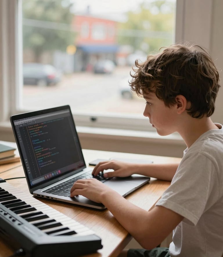 A young student sitting at a wooden table, focused on coding on a laptop while a keyboard instrument sits nearby, warm natural window light, shallow depth of field, 35mm.