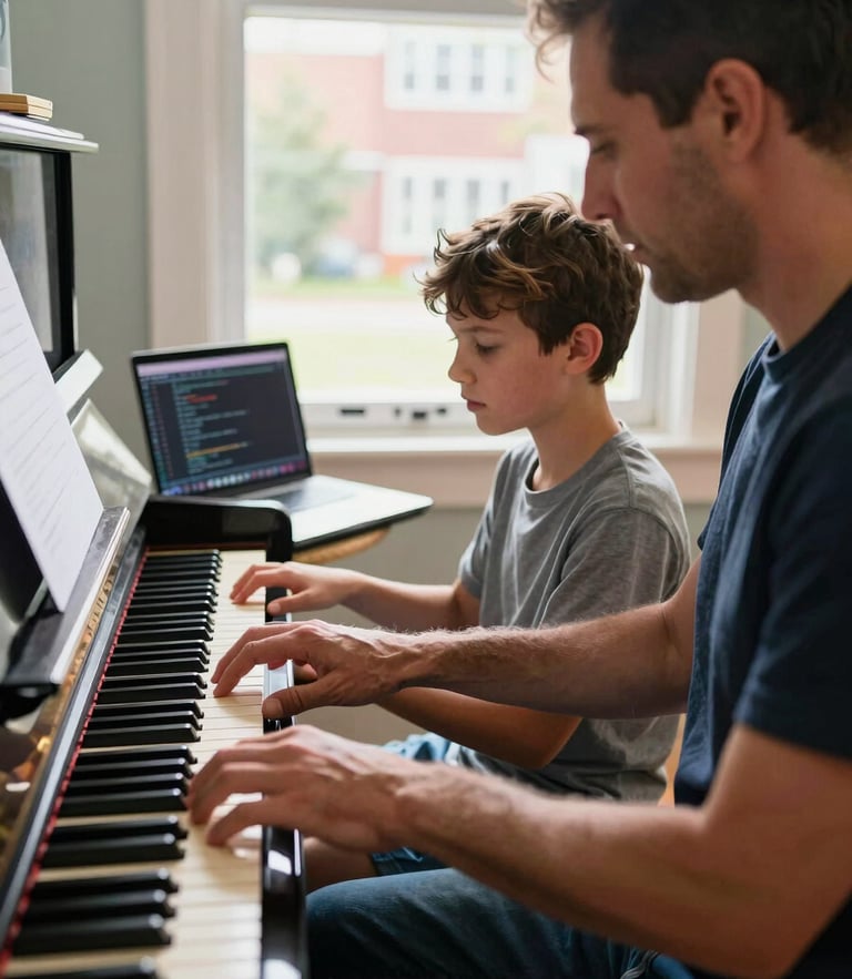 A high-contrast medium shot of a young student and a mentor sitting side-by-side, one guiding hands on a piano keyboard next to a laptop displaying code, warm natural window light, 35mm.