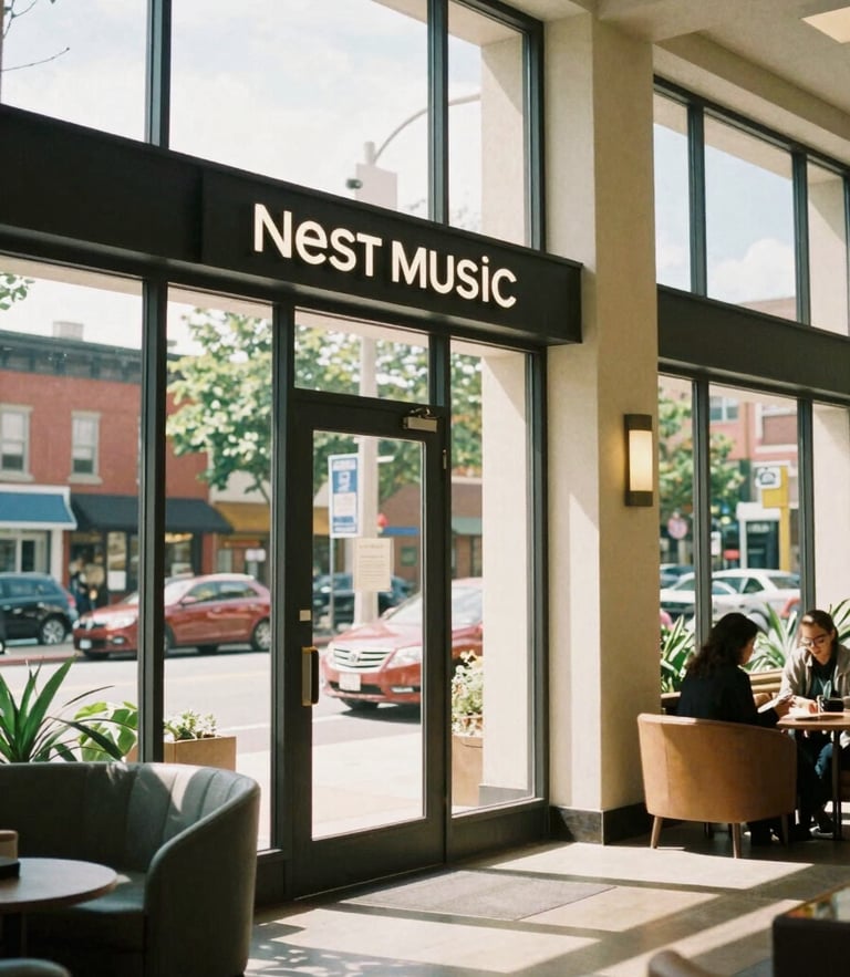 A warm environmental shot of the Nest Music Conservatory entrance and lobby, soft natural window light casting a welcoming glow, vibrant neighborhood tones, 35mm photography