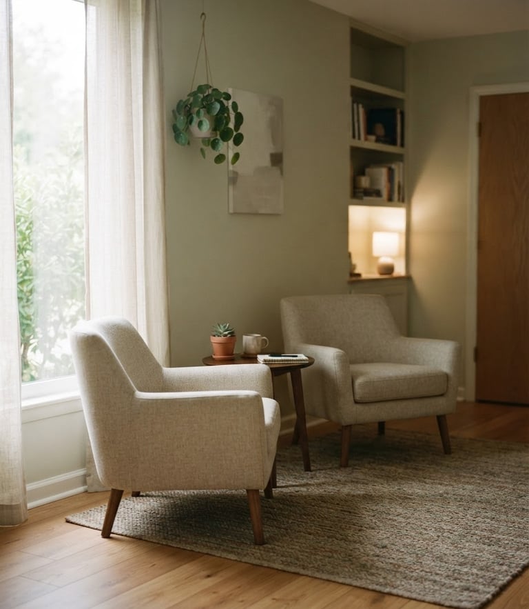 Soft diffused window light illuminating a serene, empty therapy room with two comfortable chairs, warm wooden floor, minimalist editorial style, 35mm