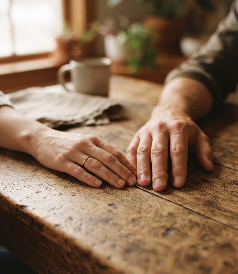 A quiet, authentic moment of two hands resting near each other on a rustic wooden table, soft diffused window light, warm earth tones, shallow depth of field, 35mm