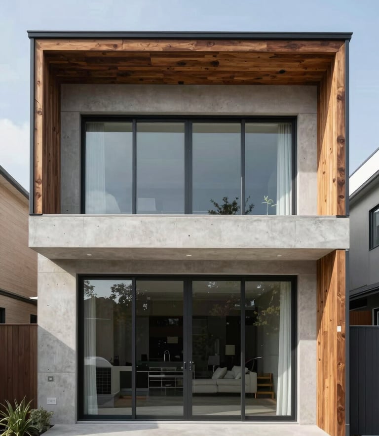 Straight-on architectural elevation of a modern home facade, clean concrete and dark wood trim, bright natural daylight, 35mm photography