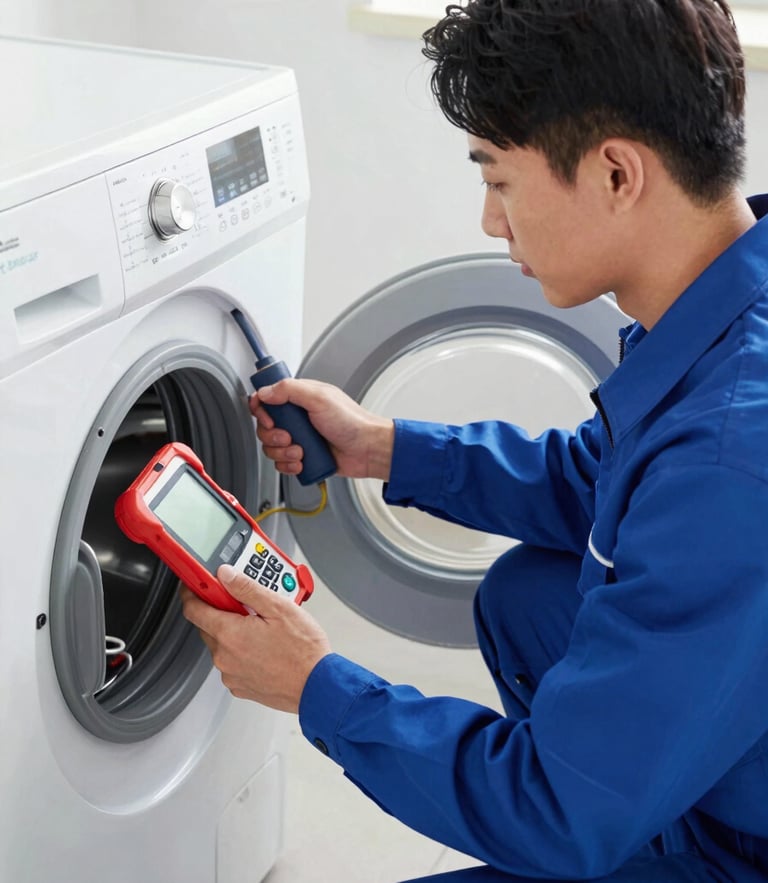 A certified technician in a clean uniform using professional diagnostic tools to check the wiring of a washing machine, bright natural daylight, crisp details, 35mm lens