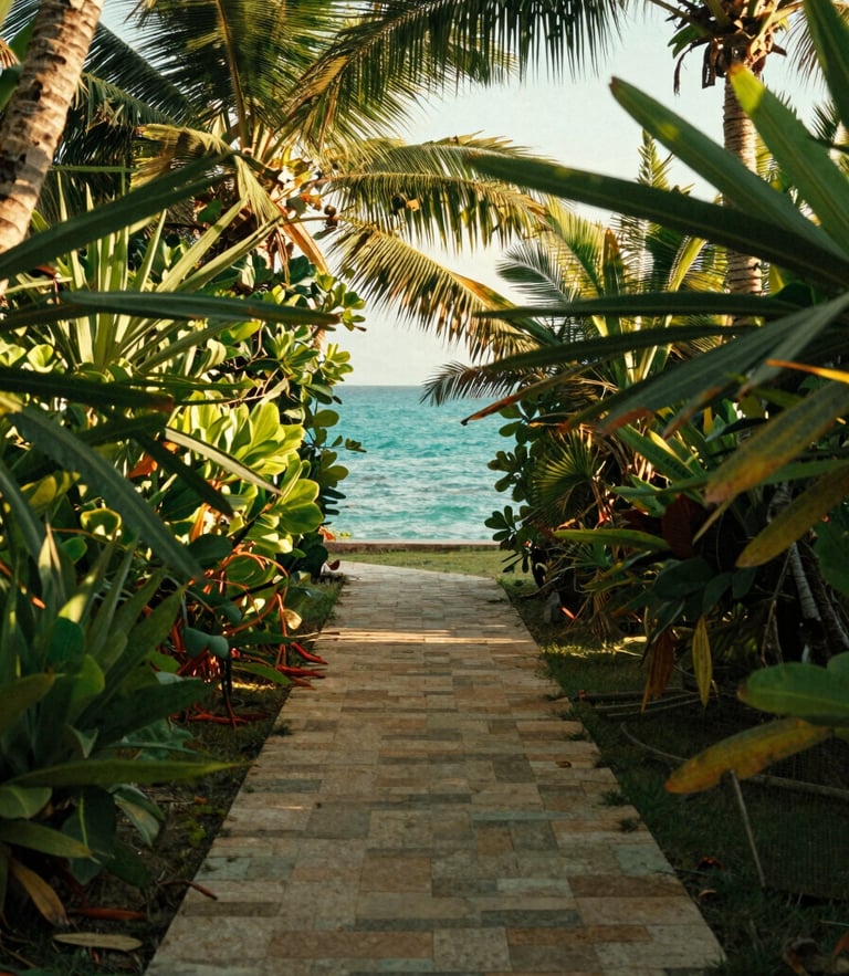 A quiet, sun-dappled stone path leading through lush tropical foliage toward a glimpse of the turquoise sea, golden-hour light, medium format film look.