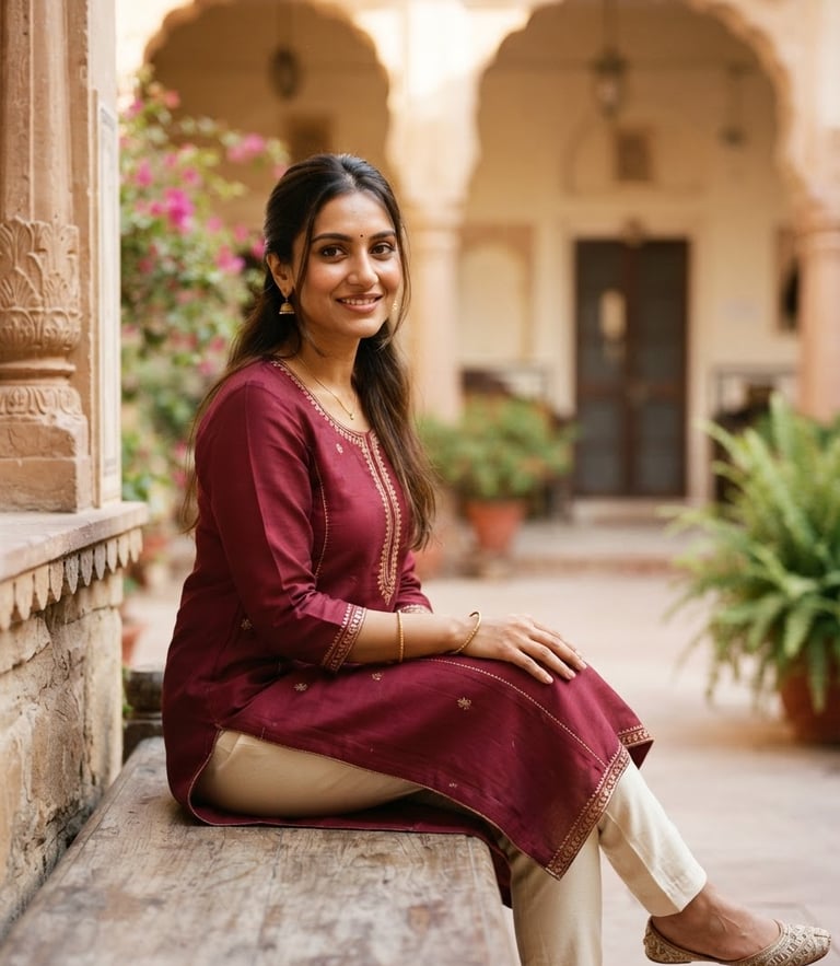 Warm editorial 35mm photograph of a modern Indian woman in natural daylight wearing an elegant wine-colored Kurti, soft architectural background, shallow depth of field