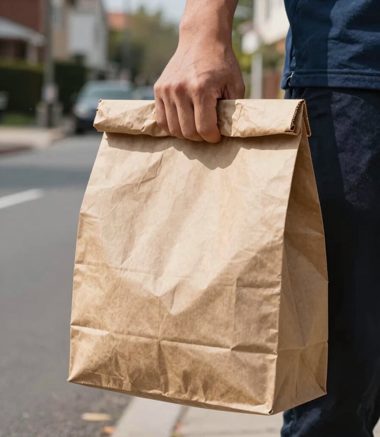 Close-up of a professional courier's hand holding a discreet, unmarked brown paper delivery bag, bright natural daylight with soft clean shadows, quiet Alexandria residential street in the background.
