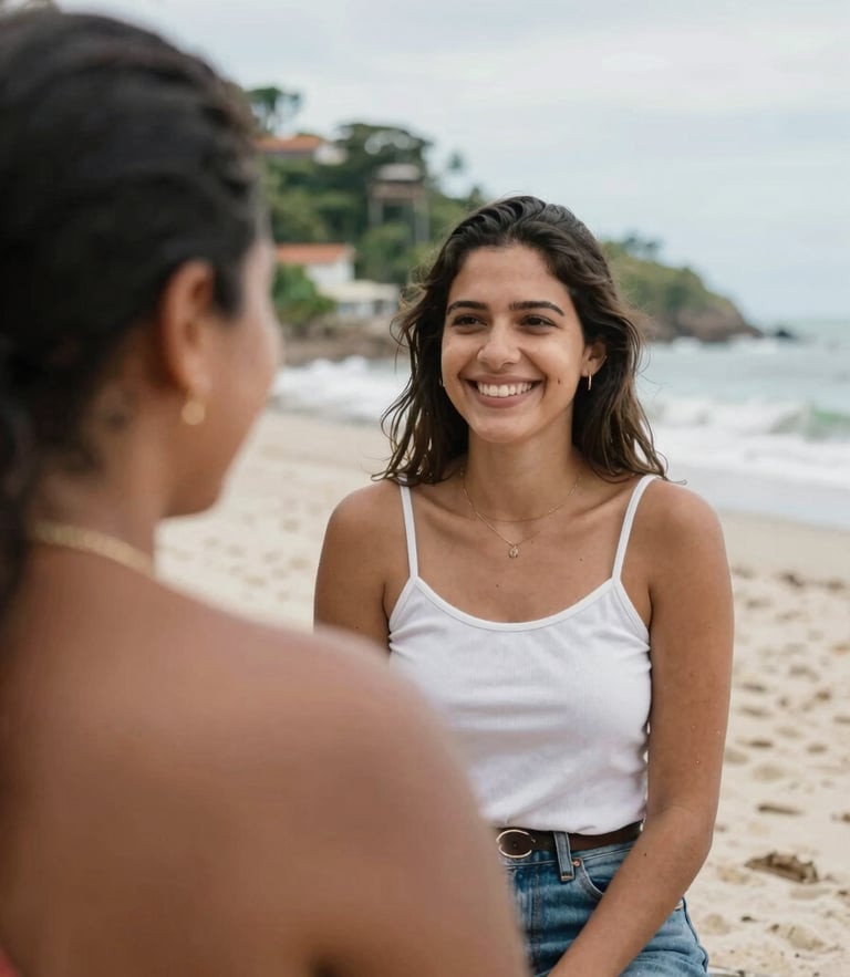 Flávia Pascoal smiling warmly, listening to a community member in a coastal neighborhood of Ubatuba, soft natural daylight, 35mm photography.