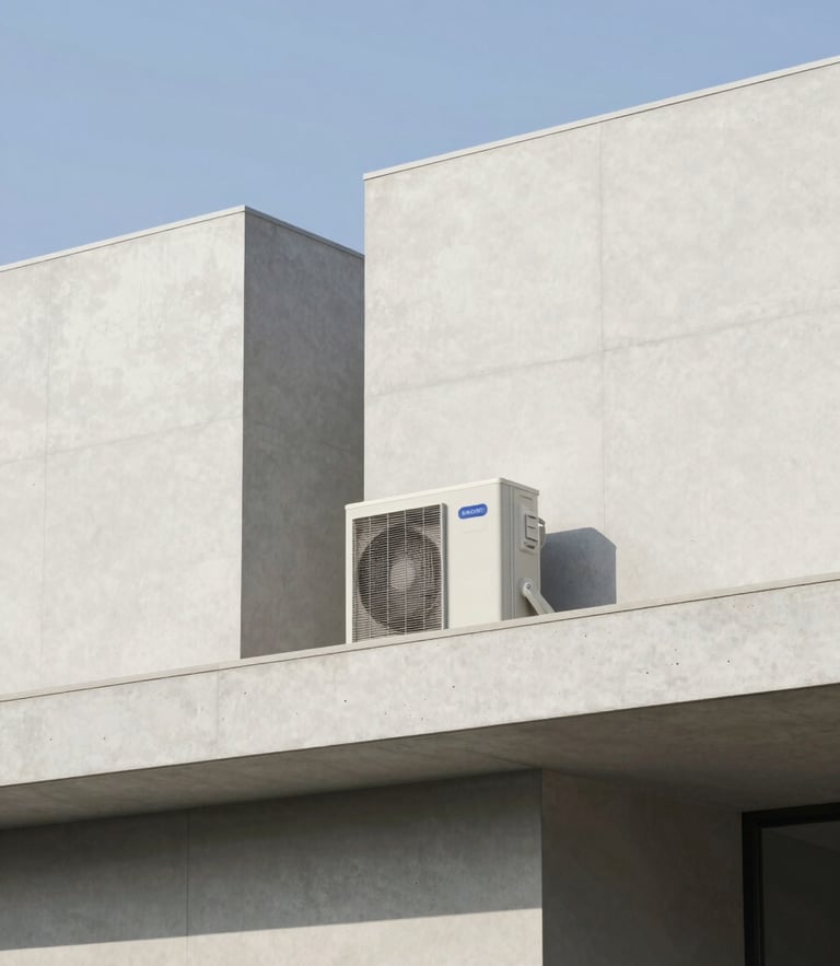 Wide-angle architectural shot of a minimalist concrete building facade under bright natural daylight, clean lines, high-end HVAC outdoor unit subtly integrated on a side ledge, 35mm photography