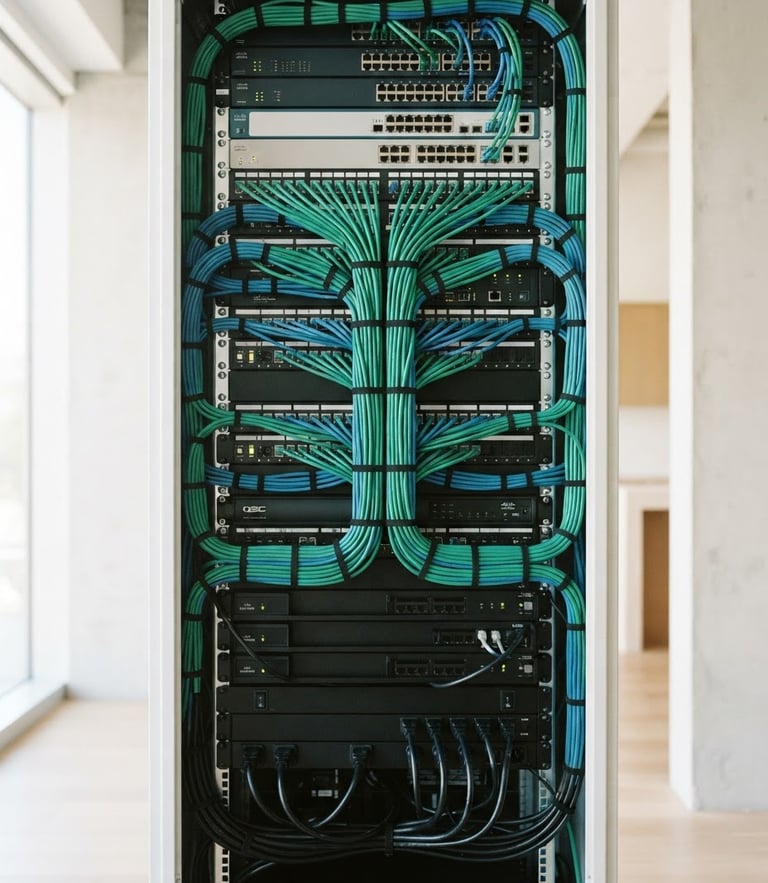 Close-up of a neatly dressed AV rack with clean green and blue Ethernet cabling, organized power management, bright natural light, architectural angle.