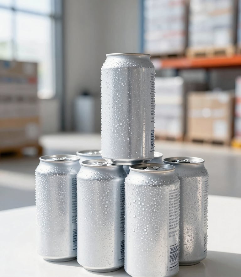 Crisp, condensation-beaded craft beverage cans stacked neatly in a bright, modern, sunlit distribution warehouse, shallow depth of field, high-key commercial photography.