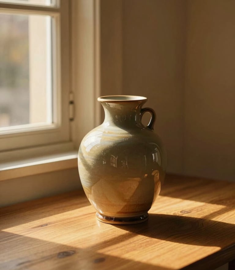 Cozy home interior corner, warm golden-hour sunlight streaming through a window, a glazed ceramic vase on a wooden table, soft shadows, 35mm