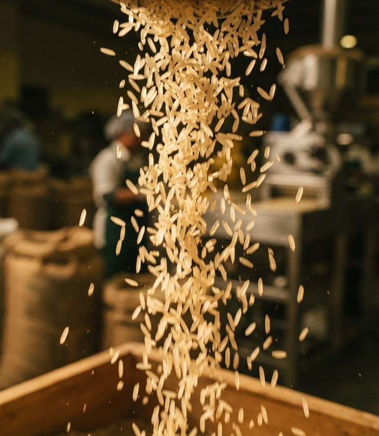 Close-up of premium basmati rice grains falling through golden light, warm editorial photography, rich golden tones, medium format