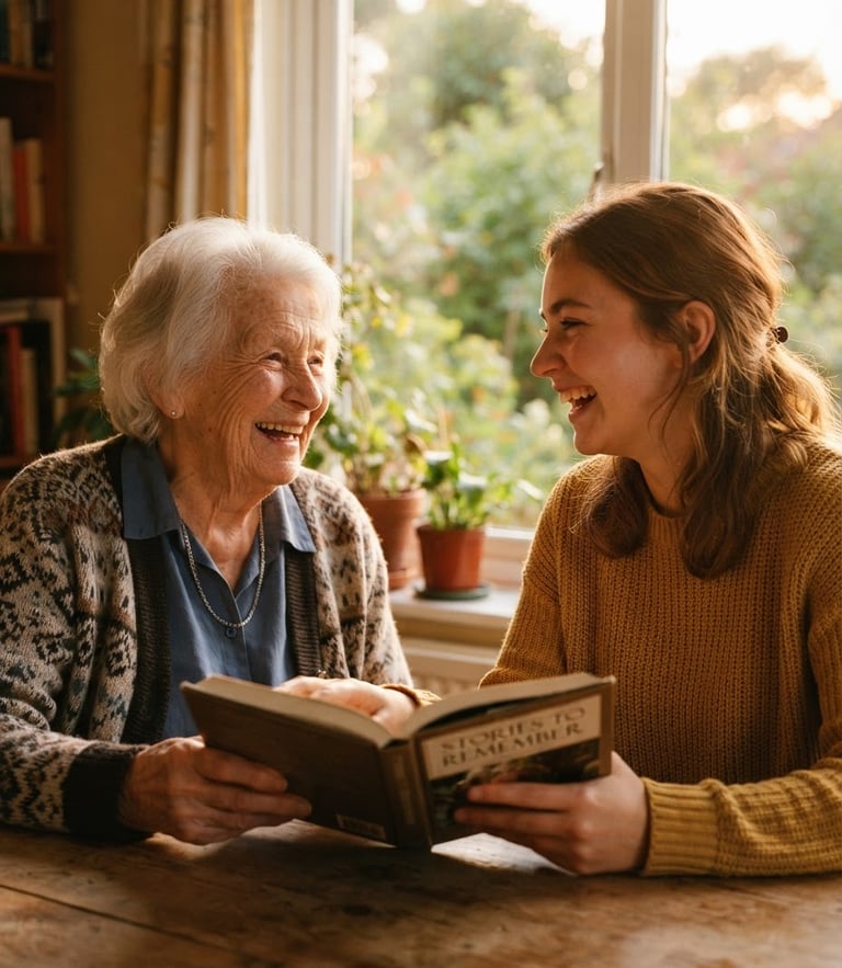 Close-up environmental portrait of an elderly woman and a young female volunteer laughing together by a sunlit window, warm golden-hour lighting, soft focus on their hands holding a book, rich organic tones
