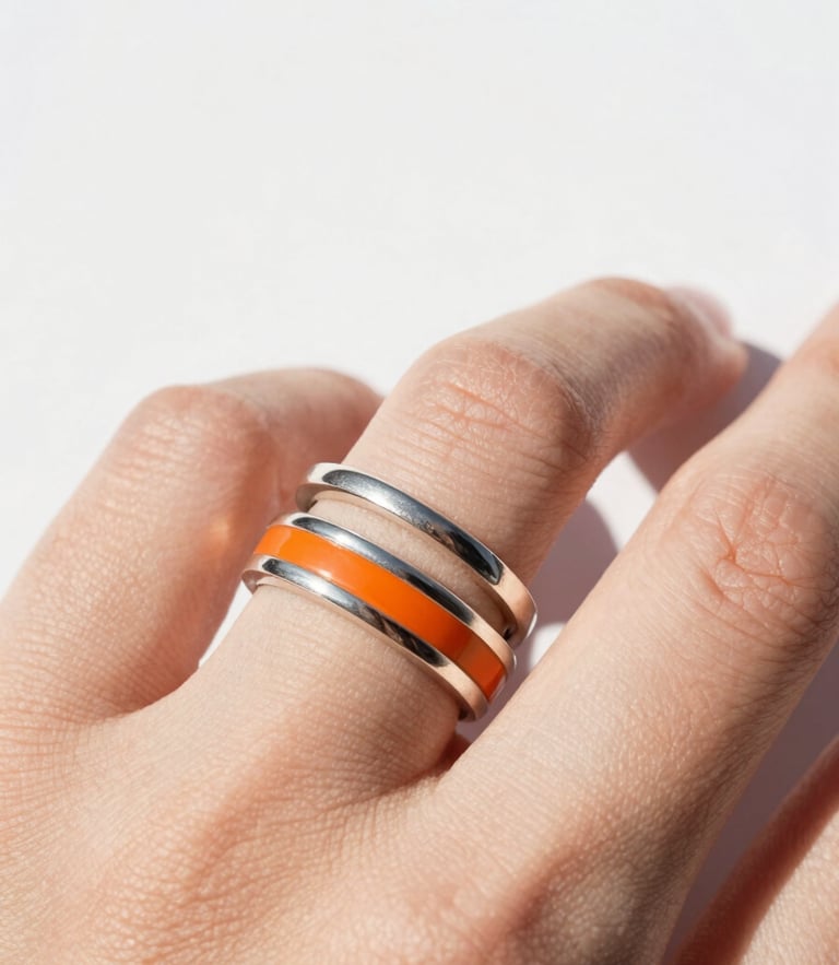 Macro shot of a hand wearing three stacked silver and orange enamel rings, bright natural daylight, crisp white background, 35mm lens.