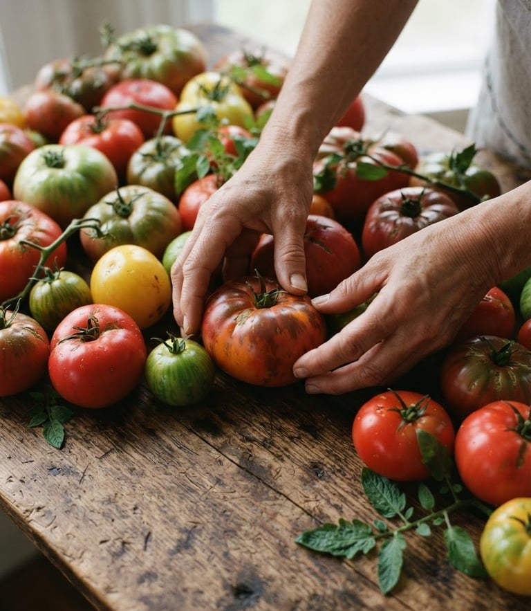 A close-up of hands arranging fresh heirloom tomatoes on a rustic wooden table, soft northern daylight, rich crimson tones, 35mm film
