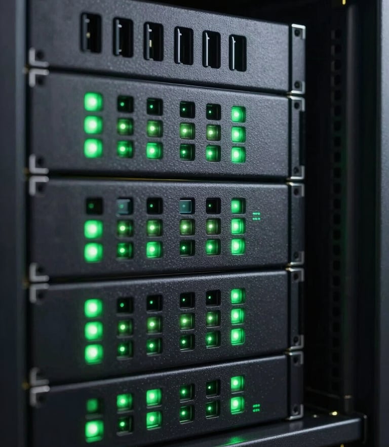 Macro shot of a dark server rack with glowing green status LEDs, clean lines, high contrast, terminal aesthetic