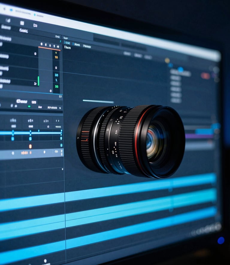Crisp macro focus of a professional video editing timeline on a wide monitor, glowing blue neon accent lights, dark slate tones, 35mm lens