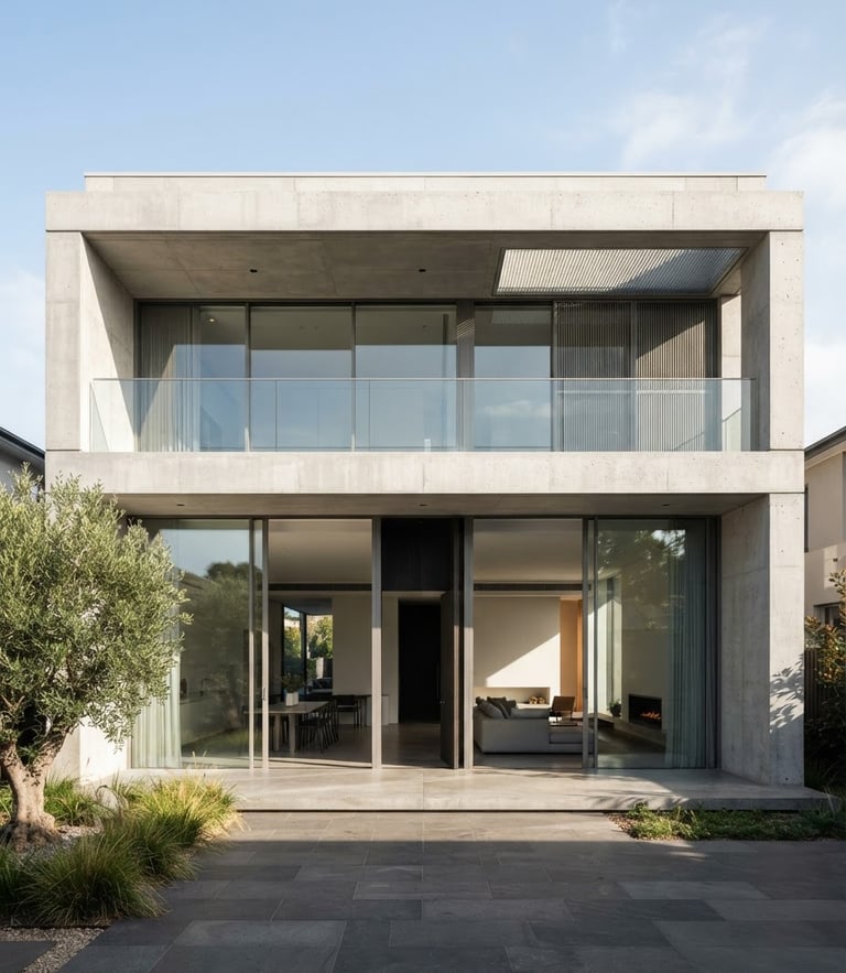 Straight-on architectural elevation of a modern concrete villa with massive minimalist sliding glass doors, bright natural daylight, sharp shadows
