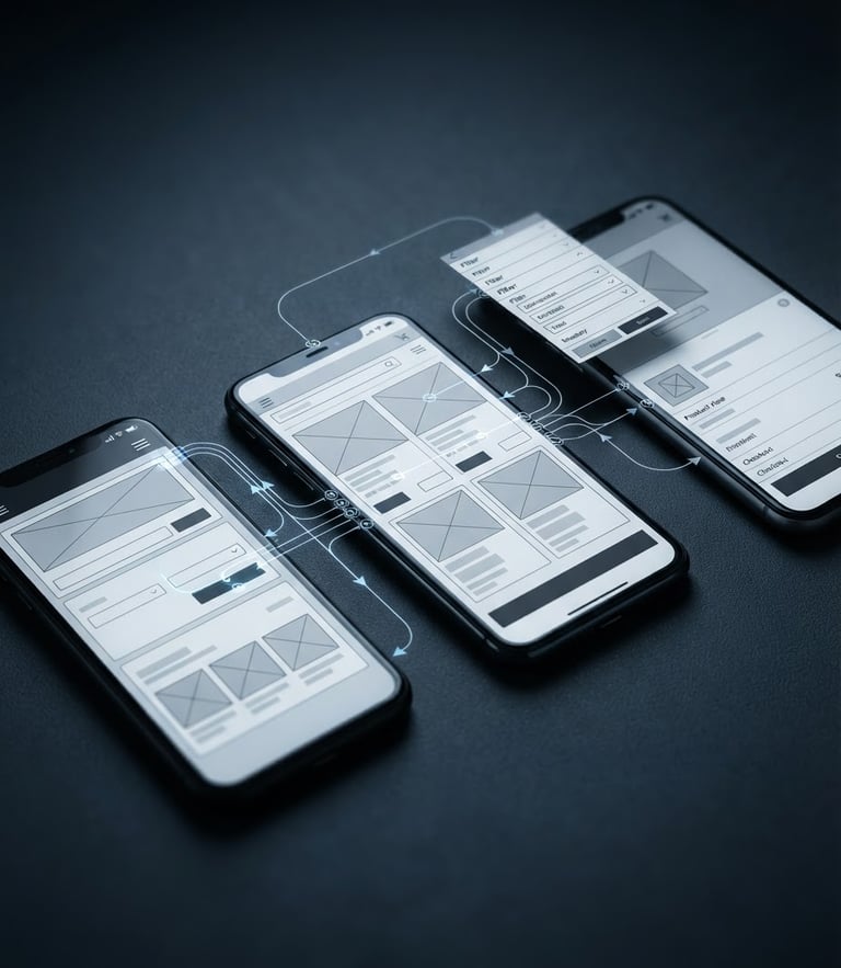 High-fidelity mobile interface wireframe showing user flow diagrams, cool-toned ambient light, high contrast, crisp studio photography style