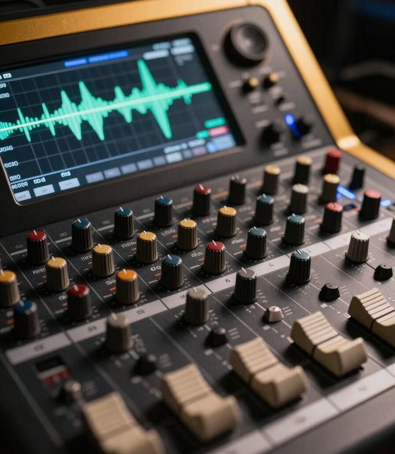 Extreme macro shot of a sleek digital mixing console and glowing waveform dashboard on a dark display, gold-rimmed directional light, cinematic focus
