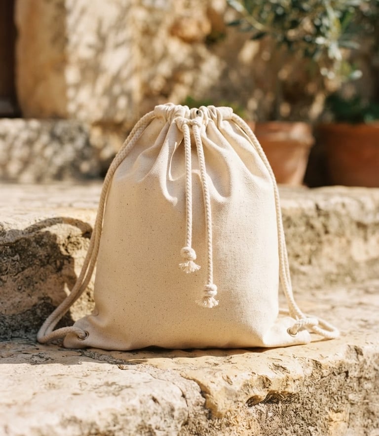 Editorial medium close-up of a raw cotton drawstring backpack resting on a warm, sunlit stone step, soft shadows, 35mm film feel, cream and sand tones.