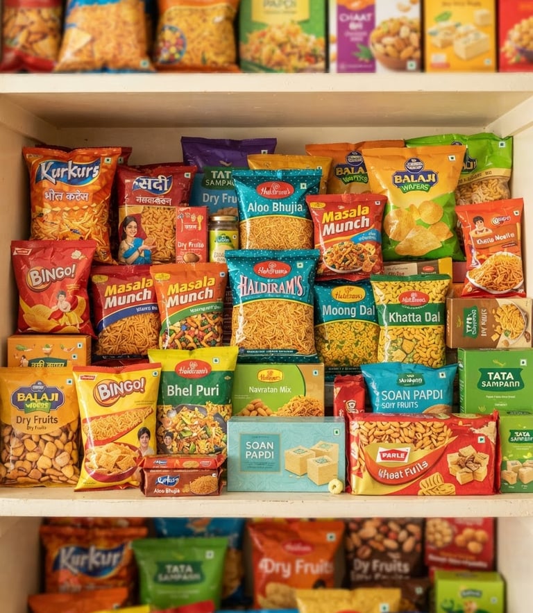Bright high-key product photography of a family pantry shelf filled with colorful South Asian snack packages, warm daylight, vibrant colors, crisp focus, 50mm