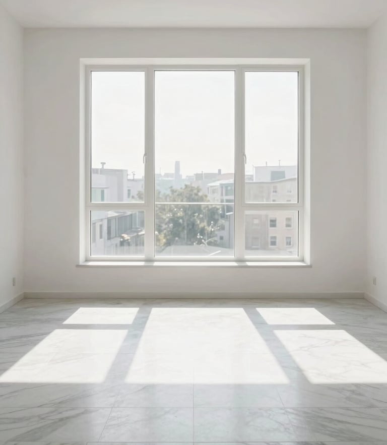 A straight-on architectural shot of a sunlit, immaculate minimalist living room with pristine marble floors and natural daylight streaming through tall windows, 35mm
