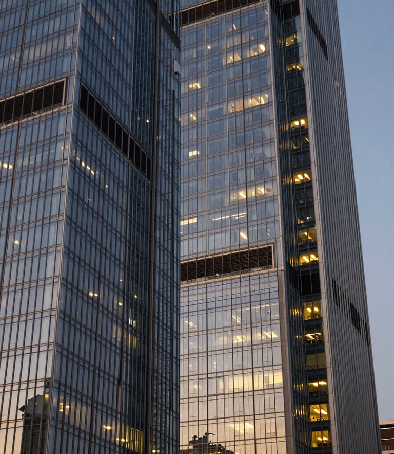 Dramatic twilight shot of modern glass skyscraper facades reflecting golden lights, sharp angles, clean luxury architectural framing.