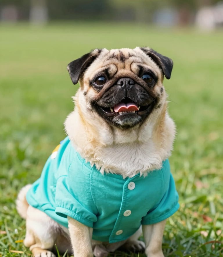 A happy pug wearing a vibrant teal handcrafted summer shirt in a bright sunny park, eye-level angle, cheerful pet photography.