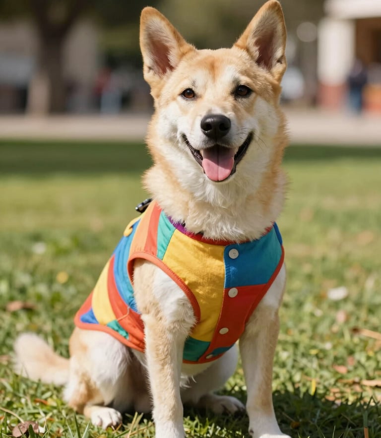 Un perro salchicha alegre vistiendo una colorida camisa playera hecha a mano, sentado en un parque soleado de Celaya, iluminación natural brillante