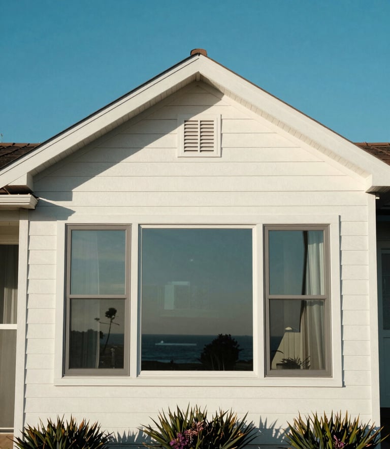A beautiful sun-drenched coastal home in Orange County with sparkling clean windows reflecting a clear blue sky.