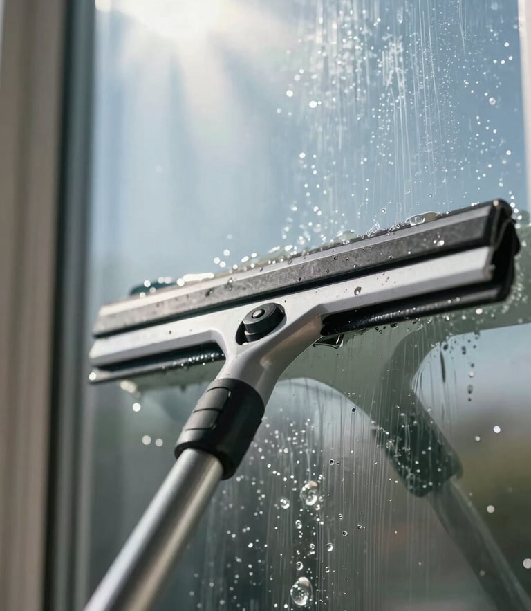 Close-up of a professional squeegee clearing water from a window, bright sun rays, clean glass surface.