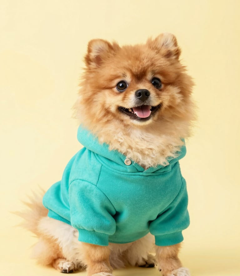 A happy fluffy Pomeranian wearing a vibrant teal hoodie, sitting in a bright studio with soft pastel yellow backdrop, sharp focus, 50mm