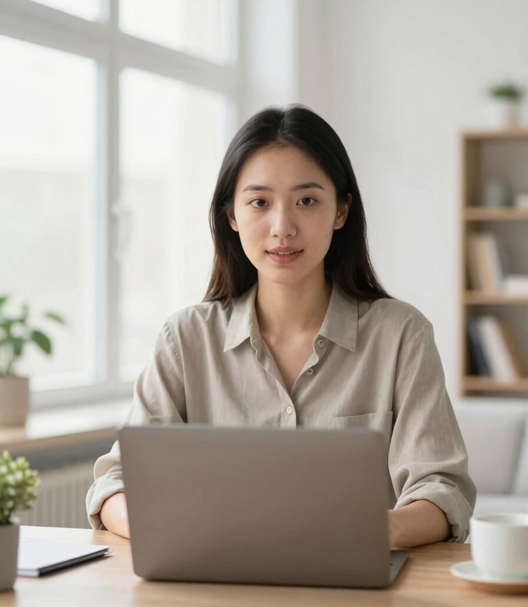 A professional bilingual tutor in a bright, modern home office, looking directly into the camera simulating a high-definition video call, warm window light, clean background