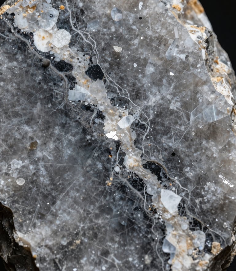 High-contrast macro shot of the crystalline texture of a natural quartzite slab, highlighting the deep gray and white veins
