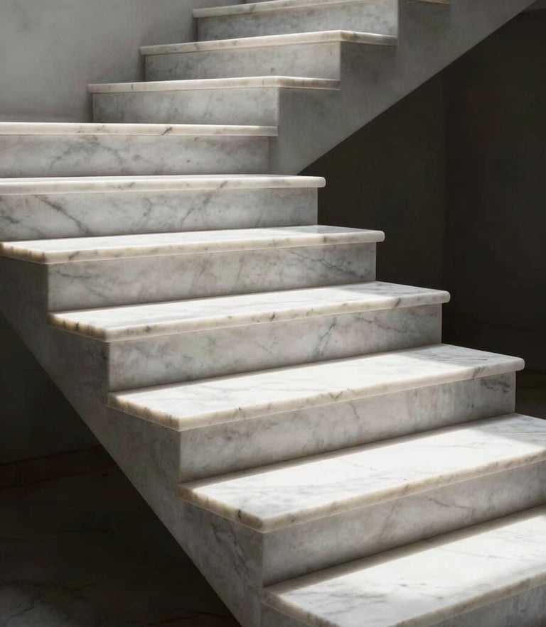 High-contrast architectural shot of a floating staircase made of pure white marble, sharp shadows from overhead lighting