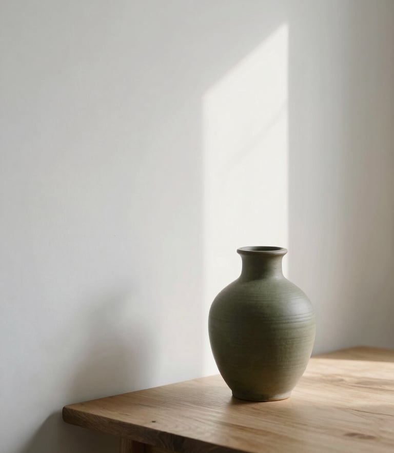 Soft morning daylight entering a minimalist room, olive ceramic vase on a wooden table, soft shadows on a white wall, minimalist fine art photography