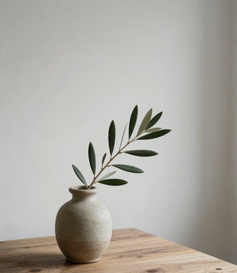 minimalist fine art photography of a serene interior, soft morning daylight, muted olive and white tones, a single branch of olive leaves in a ceramic vase on a wooden table, shallow depth of field, 35mm