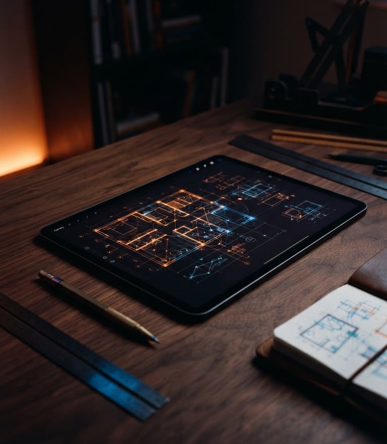 Sleek tablet screen on a clean wooden architect desk, low-key moody lighting with sharp orange light accents, 35mm