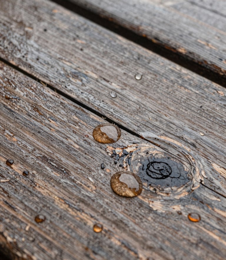 Macro shot of weathered distressed wood grain under rain droplets, natural overcast daylight, rich wet texture, 35mm