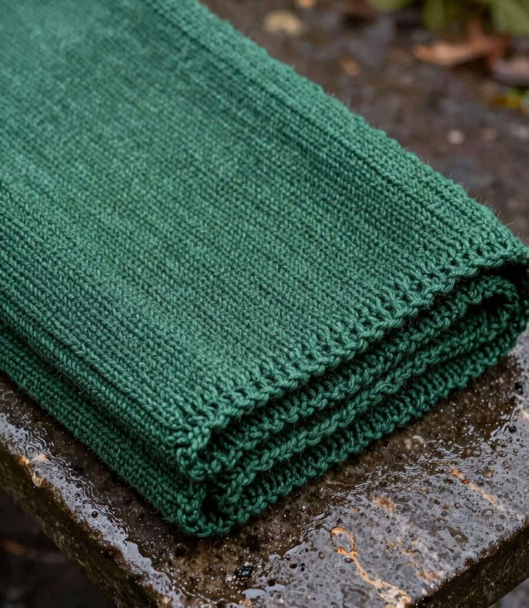 Close-up of a knitted outdoor blanket folded on a damp stone bench, overcast post-rain sheen, rich forest green fibers, sharp texture detail, 35mm