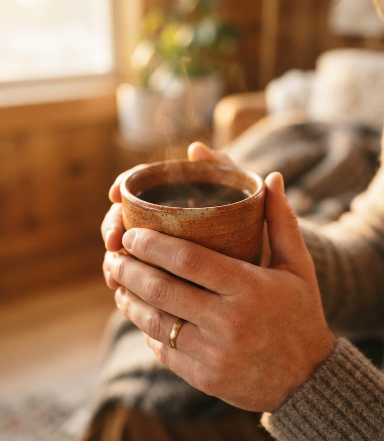 A warm close-up of hands cradling a terracotta mug filled with hot coffee, soft golden-hour window light, shallow depth of field, 35mm