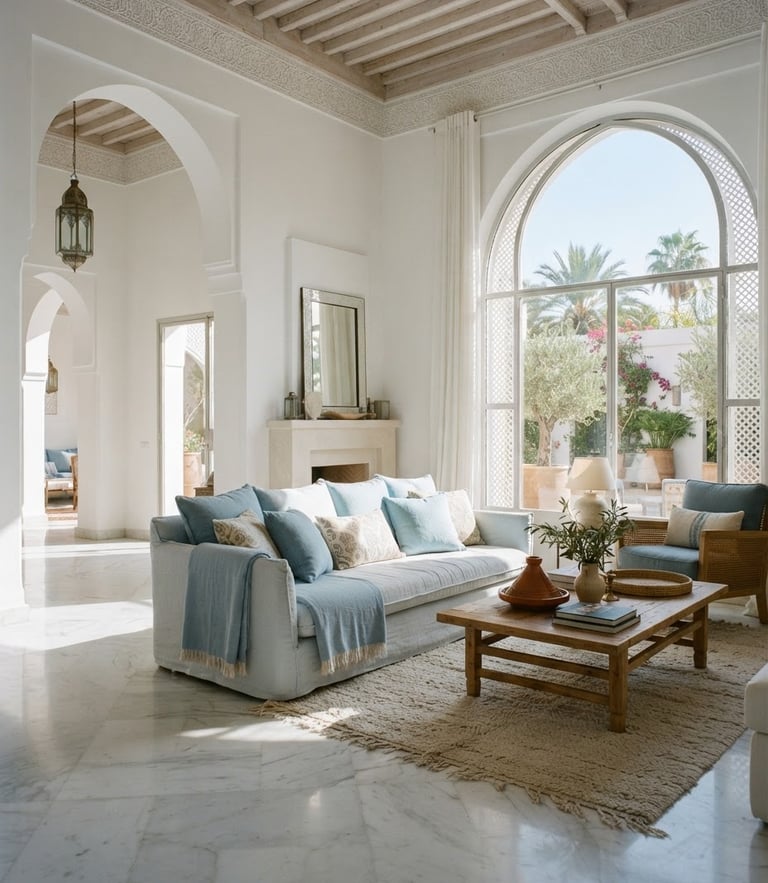 bright airy interior photography of a modern Medina home living room, soft blue cushions, natural window daylight pouring onto polished marble floor, 35mm lens