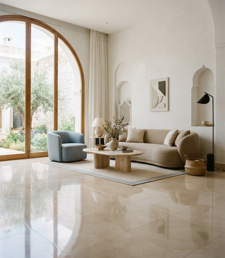 bright airy home interior in Medina, warm natural window daylight reflecting on pristine polished marble tiles, elegant minimalist furniture, soft blue and sand tones, high-end residential, 35mm lens