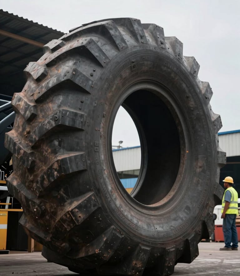 Low-angle shot of a massive 49-inch OTR mining tire standing next to a warehouse worker in Jakarta, overcast industrial lighting, high contrast.