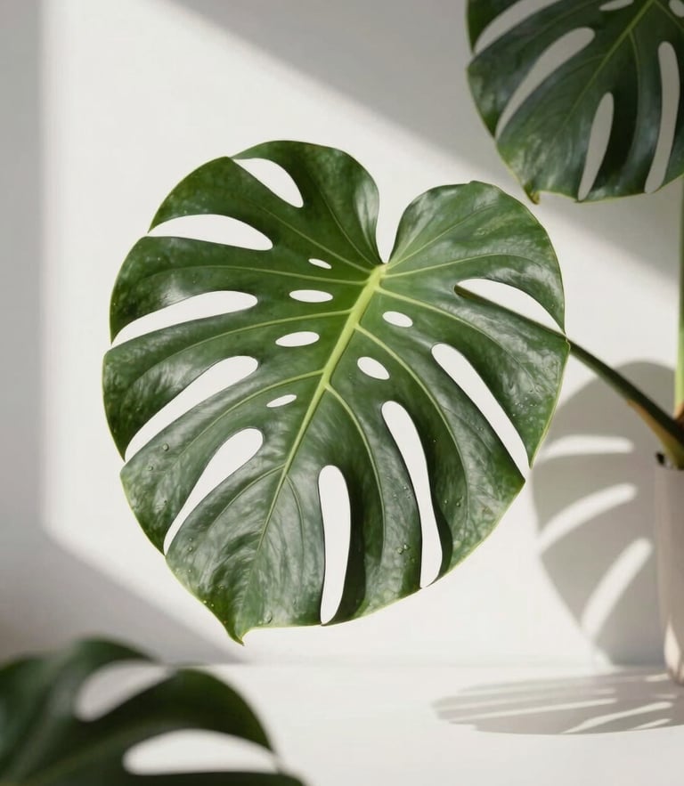 Elegant editorial photography of tropical monstera leaves casting sharp organic shadows on a clean, sunlit minimalist workspace, 35mm