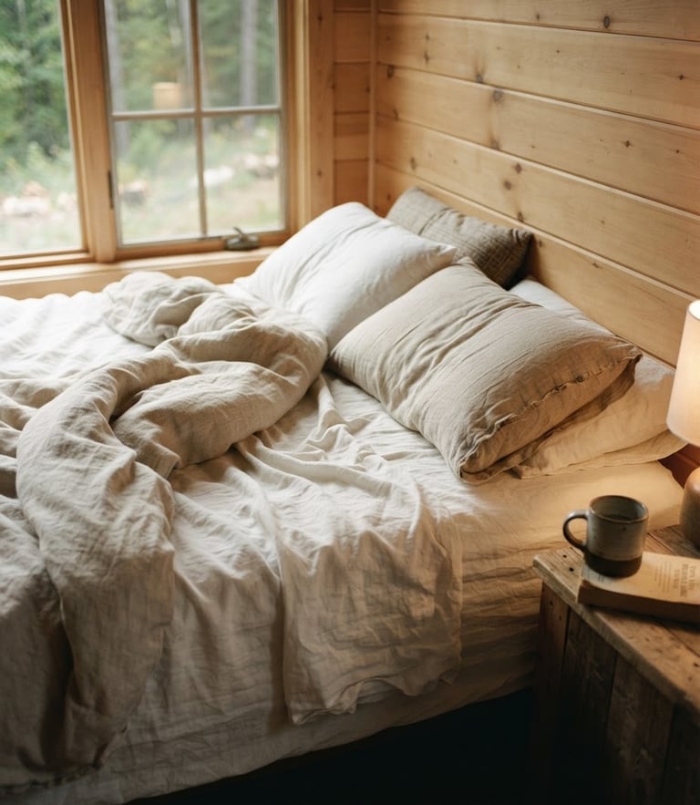Close-up of a slightly unmade linen bed in a modern cabin, morning light streaming through a window, 35mm film grain style