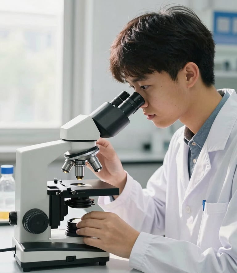 A focused student in a modern science lab adjusting a microscope, bright natural daylight streaming through windows, professional 35mm.